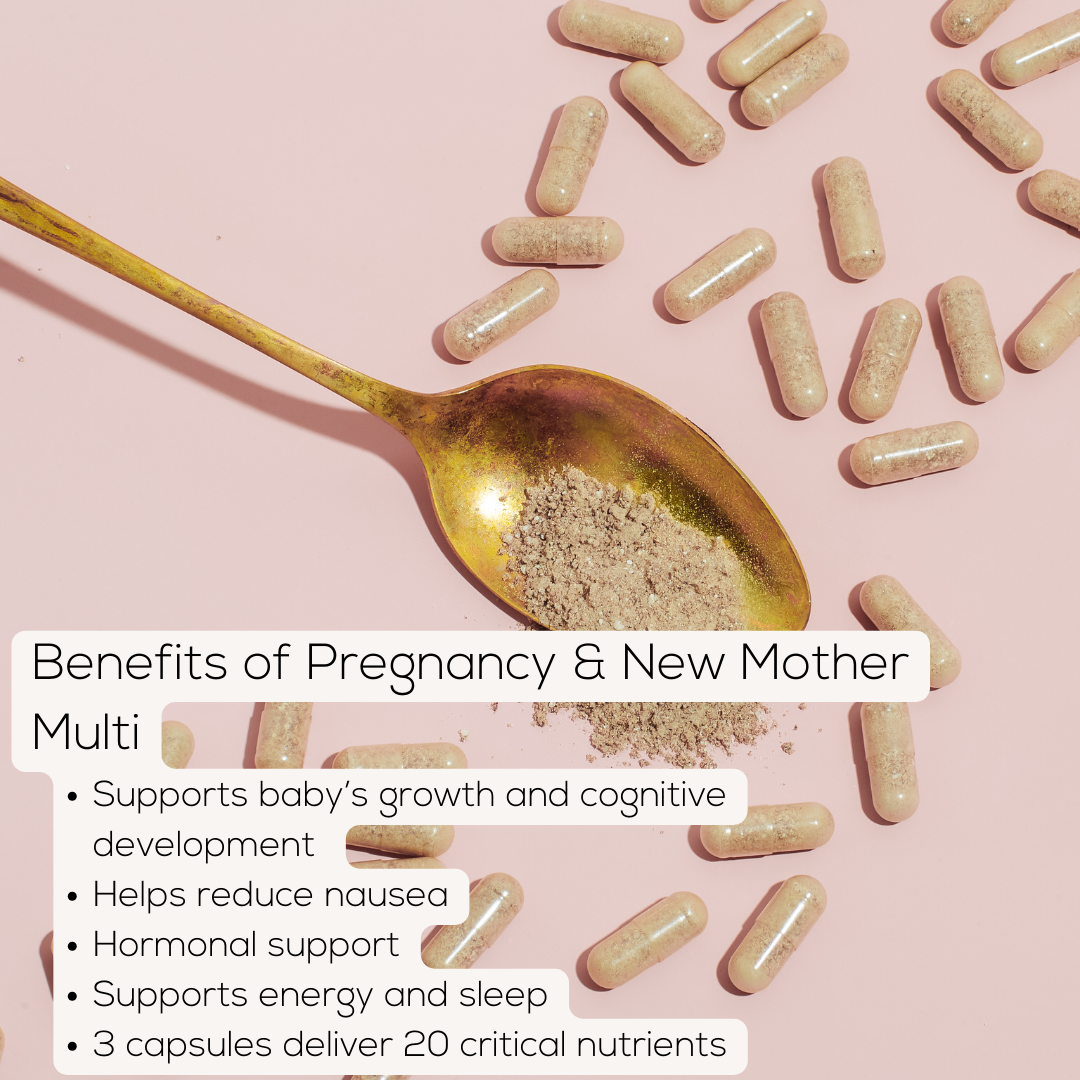 Infographic ad of the benefits of Beli Women Prenatal including supporting baby's growth, helping reduce nausea, hormonal support, supporting energy and sleep. 3 capsules a day