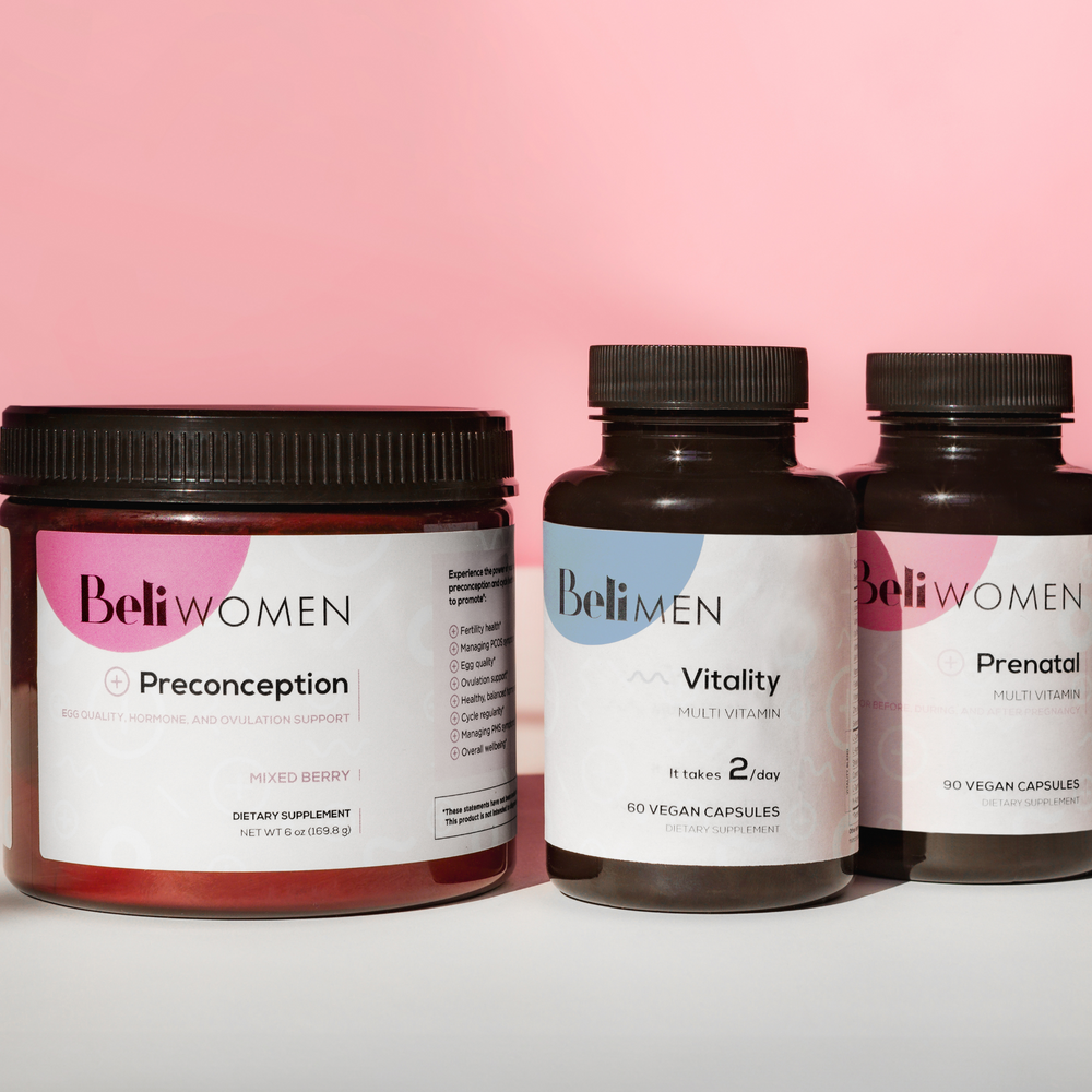 Picture showing Beli Preconception, Beli for Men, and Beli for Women prenatal multivitamin on a pink background