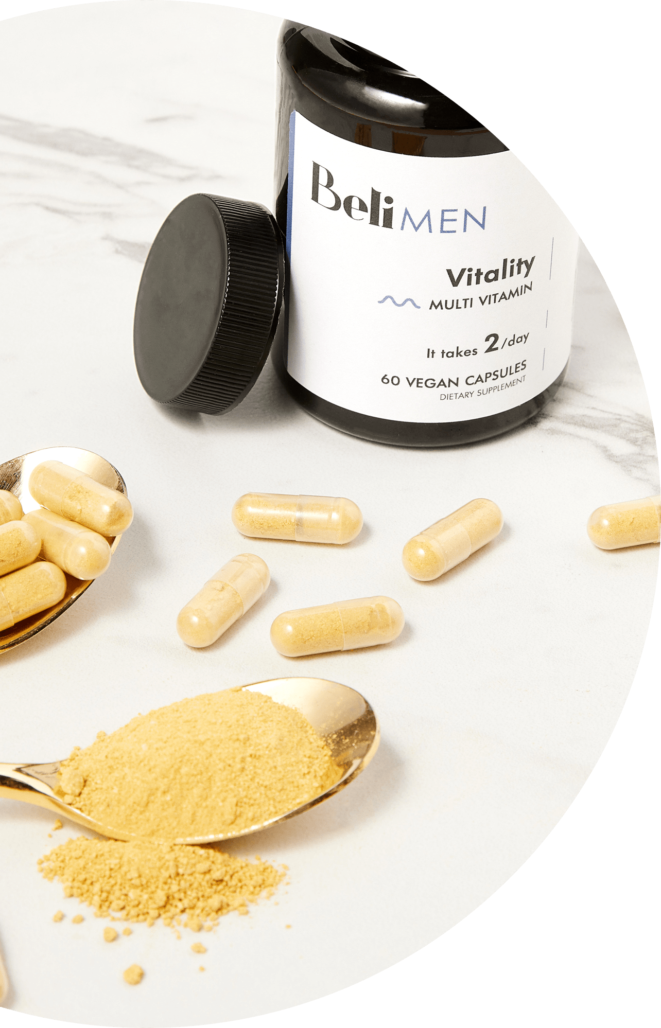 Picture is showing Beli Vitality for Men on a white counter. The lid is off and some capsules are surrounding the bottle. A spoon is on the counter which as some powder on it that came from the capsules.