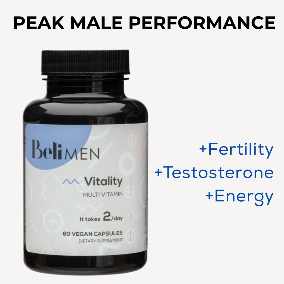 Beli Men Vitality multivitamin bottle with text reading “Peak Male Performance” and benefits listed as fertility, testosterone, and energy.